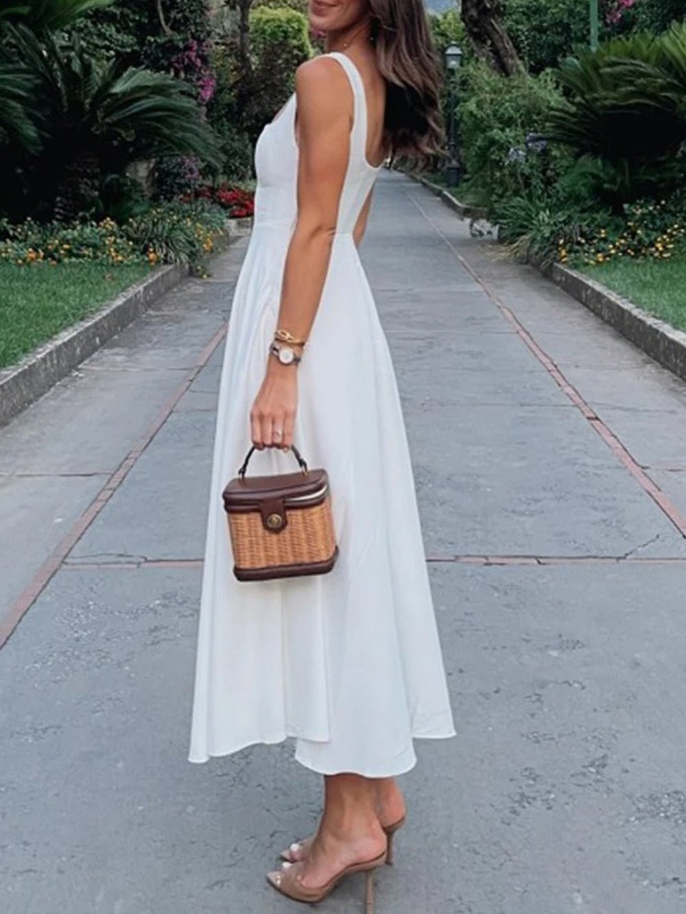 Square Neck Basque Waist Fit and Flare A-Line Maxi Dress