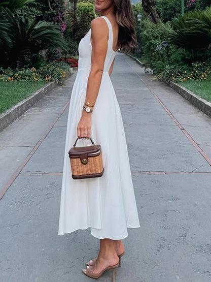 Square Neck Basque Waist Fit and Flare A-Line Maxi Dress