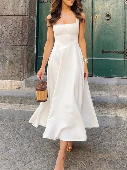 Square Neck Basque Waist Fit and Flare A-Line Maxi Dress