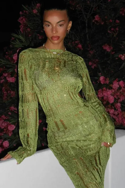 Moss Green Stylish Metallic Umbra Dress