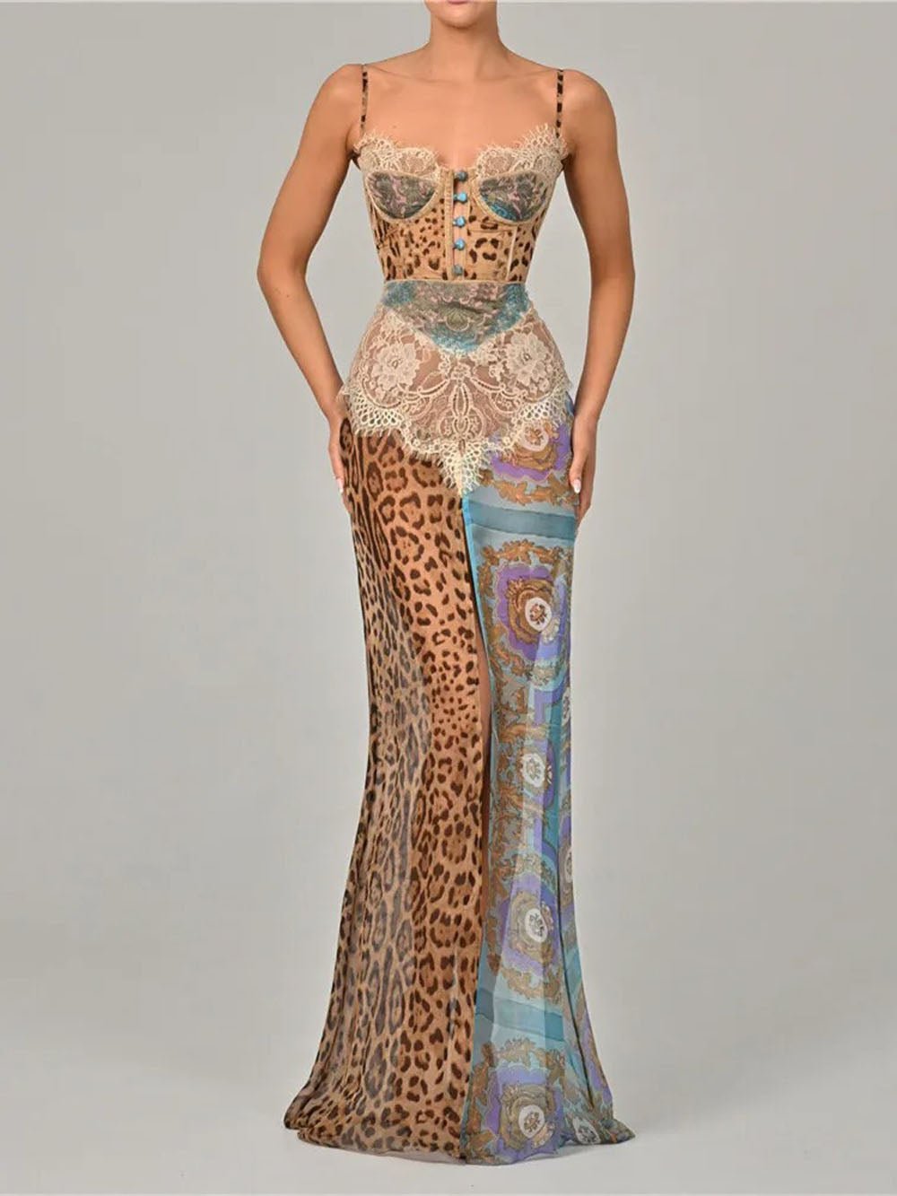 Leopard Baroque Print Lace Trim Corset Bustier High Split Maxi Dress