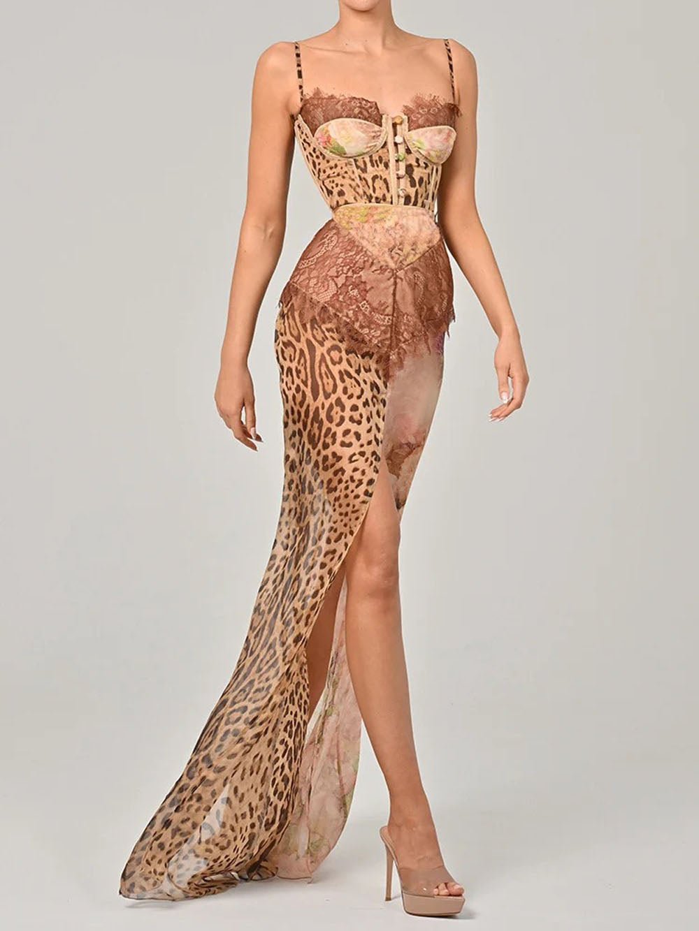 Leopard Baroque Print Lace Trim Corset Bustier High Split Maxi Dress
