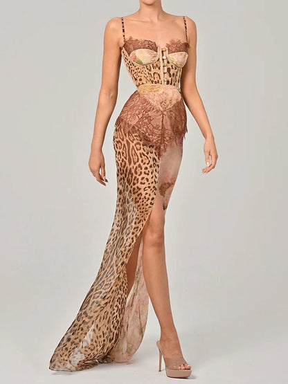 Leopard Baroque Print Lace Trim Corset Bustier High Split Maxi Dress