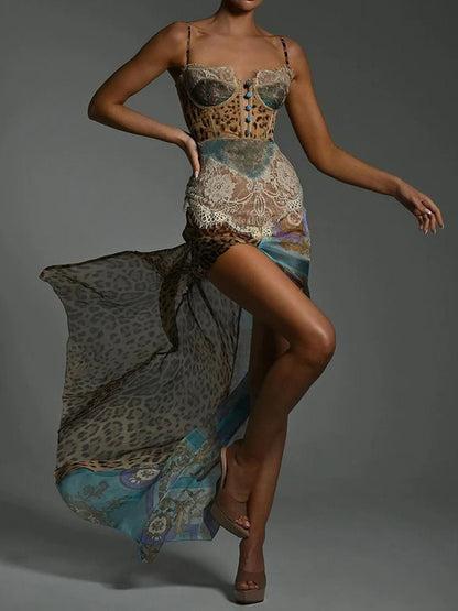 Leopard Baroque Print Lace Trim Corset Bustier High Split Maxi Dress