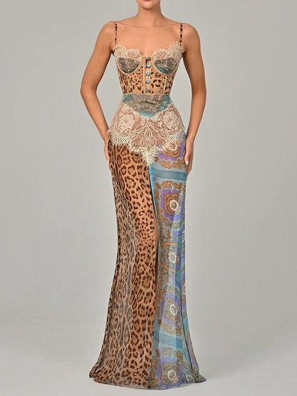 Leopard Baroque Print Lace Trim Corset Bustier High Split Maxi Dress