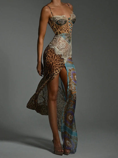 Leopard Baroque Print Lace Trim Corset Bustier High Split Maxi Dress