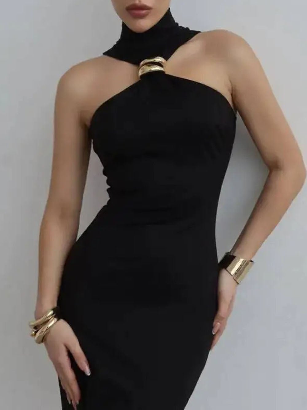 Black Halter Neck Ring Hardware Mock Neck Sleeveless Bodycon Midi Dress