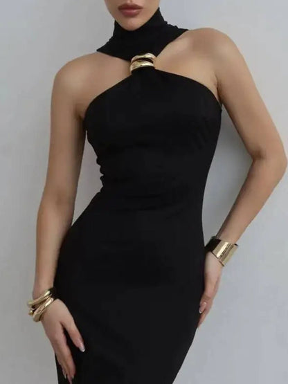 Black Halter Neck Ring Hardware Mock Neck Sleeveless Bodycon Midi Dress