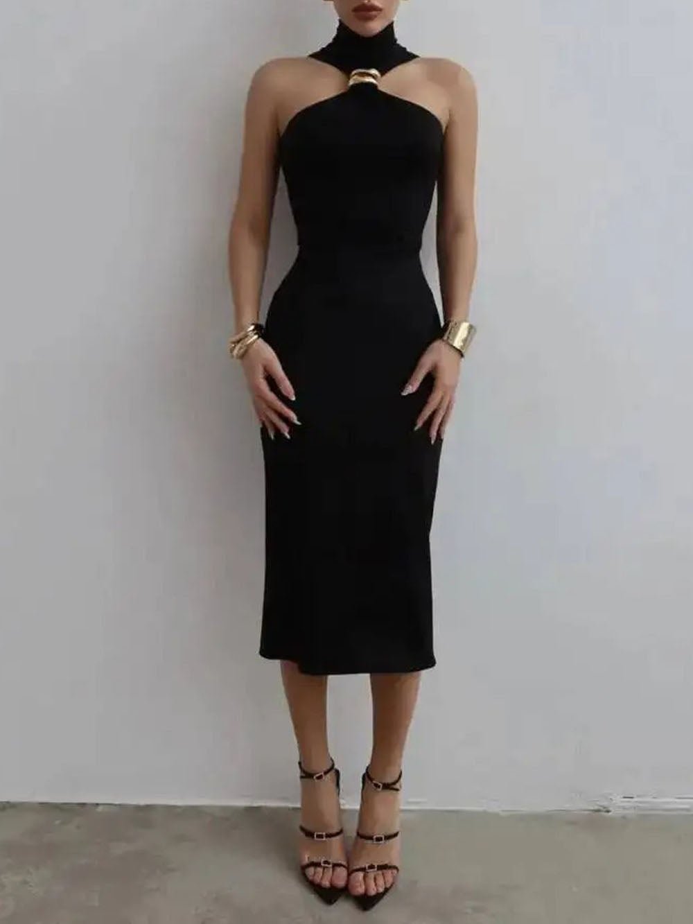 Black Halter Neck Ring Hardware Mock Neck Sleeveless Bodycon Midi Dress