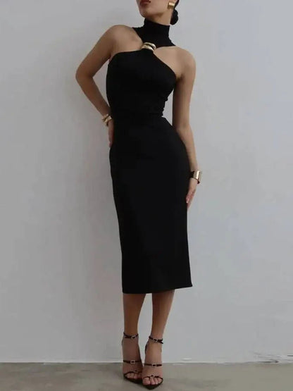 Black Halter Neck Ring Hardware Mock Neck Sleeveless Bodycon Midi Dress