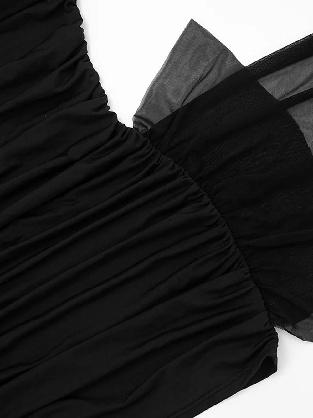Black Off Shoulder Ruched Mesh Side Train Panel Mini Dress