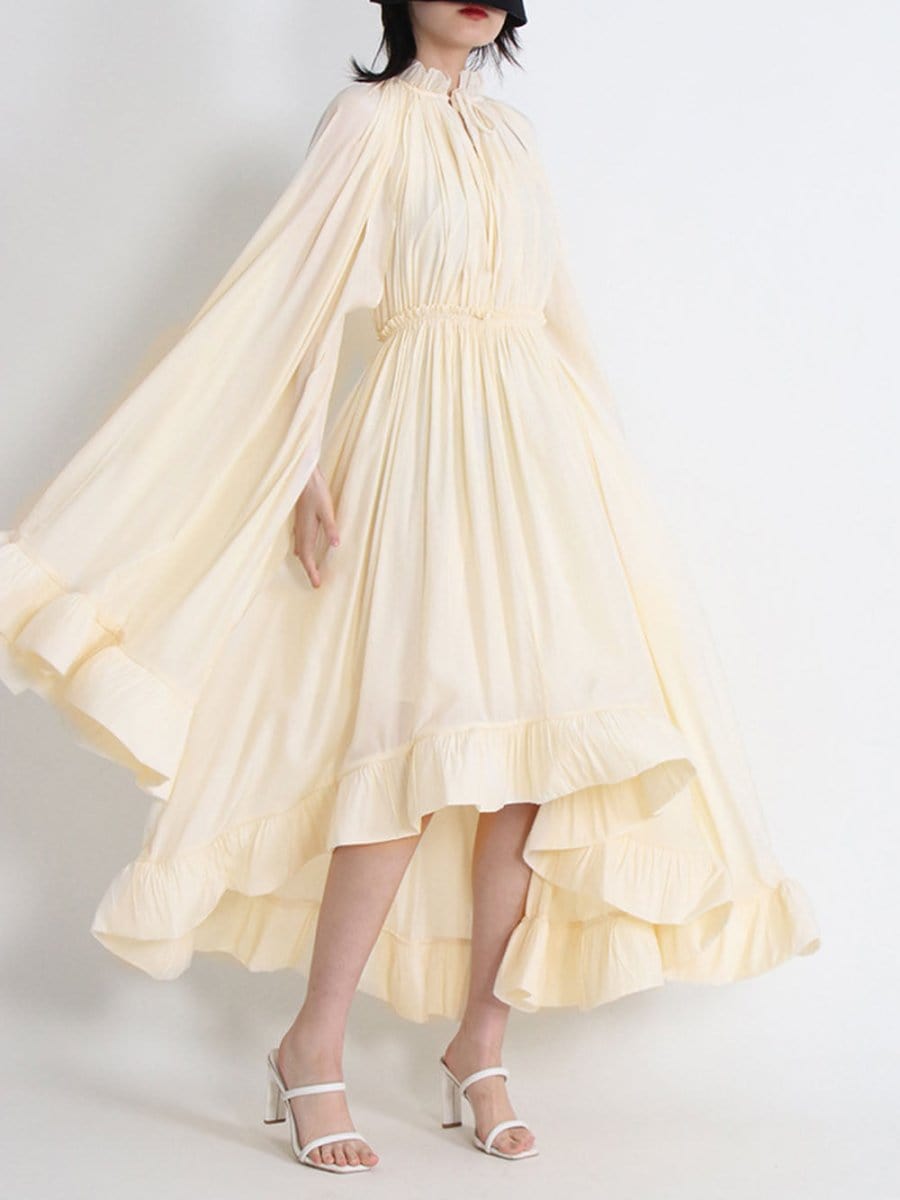 Pleated Ruffle Collar Deep V-Neck Cape Sleeve High Low Tiered Midi Dress