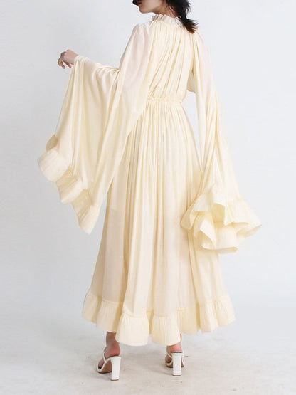 Pleated Ruffle Collar Deep V-Neck Cape Sleeve High Low Tiered Midi Dress