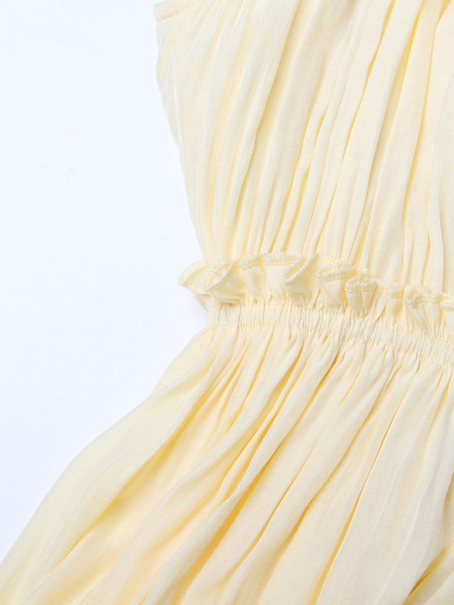 Pleated Ruffle Collar Deep V-Neck Cape Sleeve High Low Tiered Midi Dress