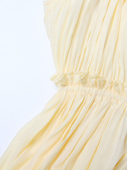 Pleated Ruffle Collar Deep V-Neck Cape Sleeve High Low Tiered Midi Dress