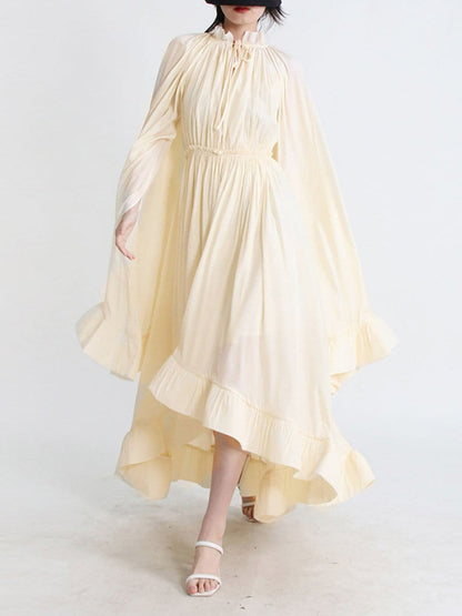 Pleated Ruffle Collar Deep V-Neck Cape Sleeve High Low Tiered Midi Dress