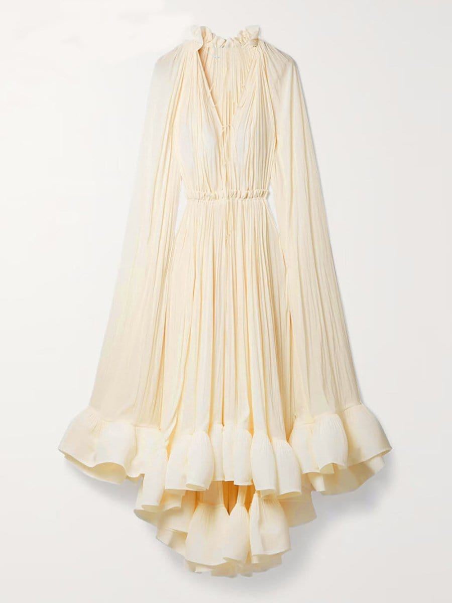 Pleated Ruffle Collar Deep V-Neck Cape Sleeve High Low Tiered Midi Dress
