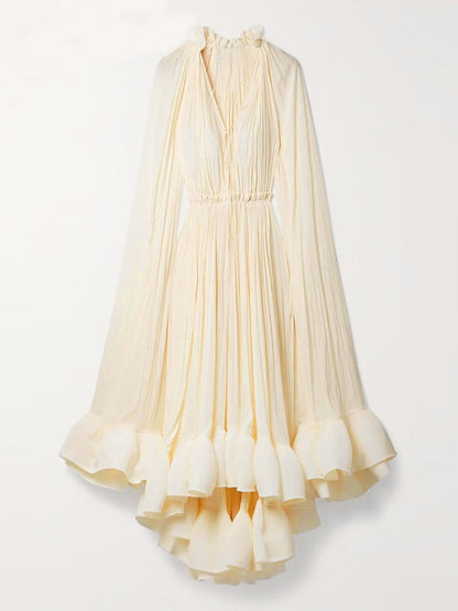 Pleated Ruffle Collar Deep V-Neck Cape Sleeve High Low Tiered Midi Dress