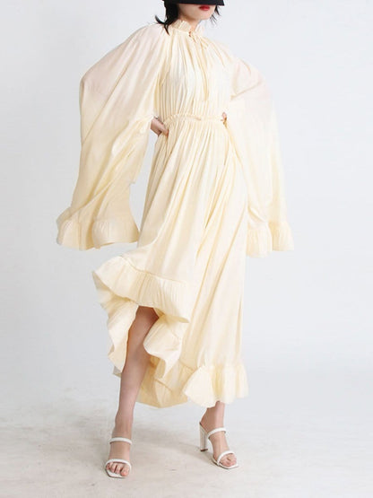 Pleated Ruffle Collar Deep V-Neck Cape Sleeve High Low Tiered Midi Dress