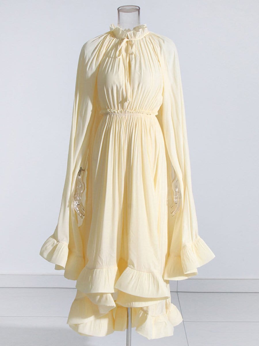 Pleated Ruffle Collar Deep V-Neck Cape Sleeve High Low Tiered Midi Dress