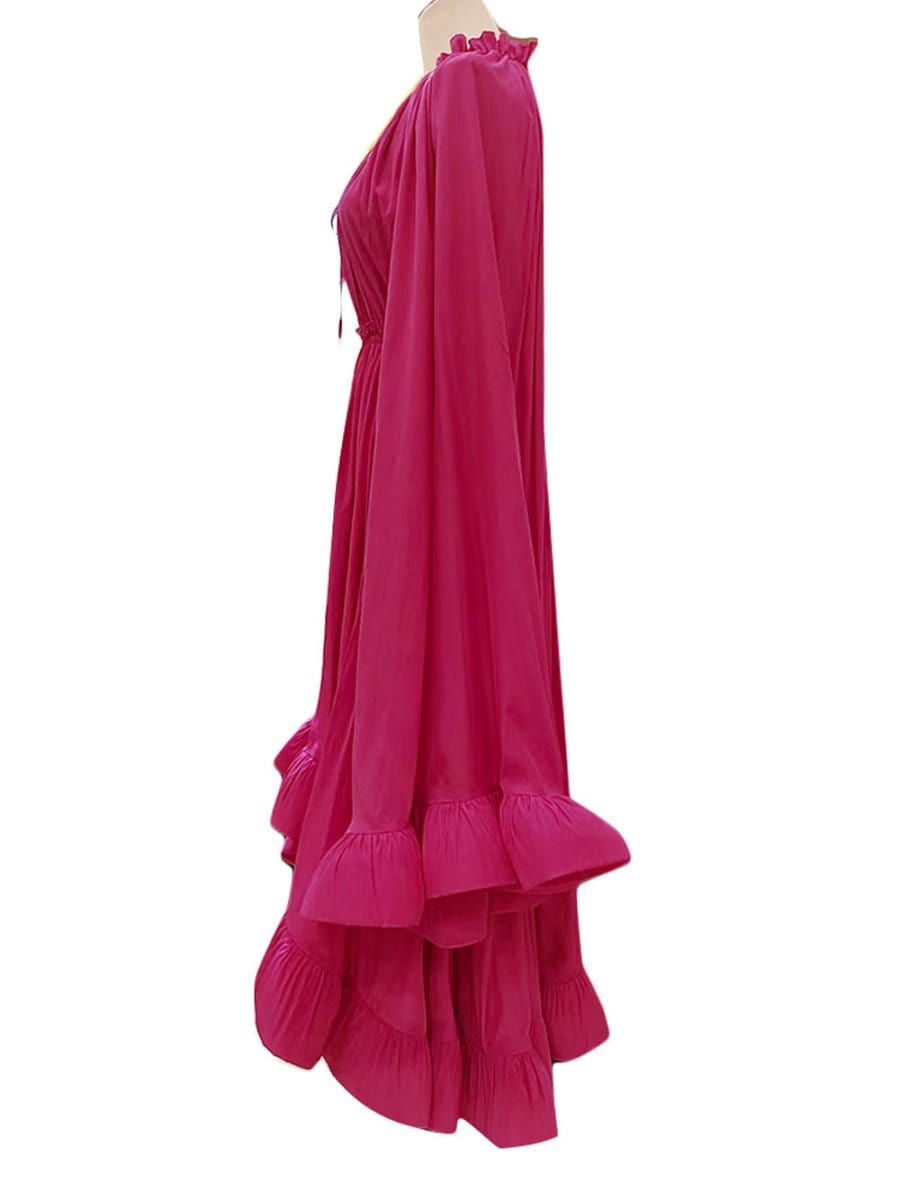 Pleated Ruffle Collar Deep V-Neck Cape Sleeve High Low Tiered Midi Dress