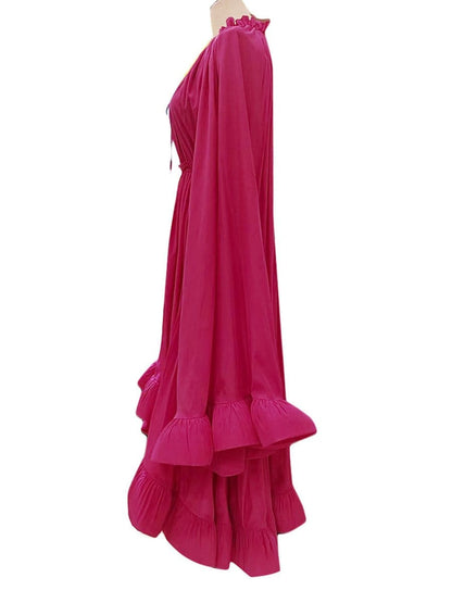 Pleated Ruffle Collar Deep V-Neck Cape Sleeve High Low Tiered Midi Dress