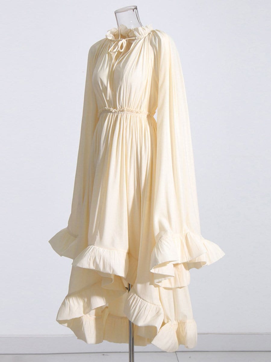 Pleated Ruffle Collar Deep V-Neck Cape Sleeve High Low Tiered Midi Dress