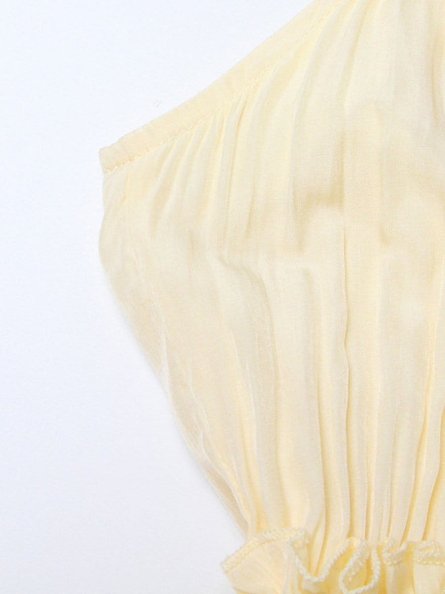 Pleated Ruffle Collar Deep V-Neck Cape Sleeve High Low Tiered Midi Dress