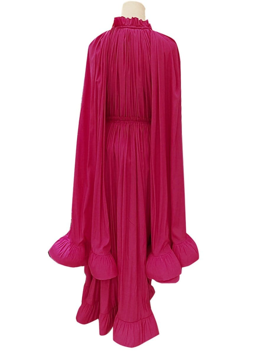 Pleated Ruffle Collar Deep V-Neck Cape Sleeve High Low Tiered Midi Dress