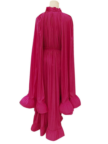 Pleated Ruffle Collar Deep V-Neck Cape Sleeve High Low Tiered Midi Dress