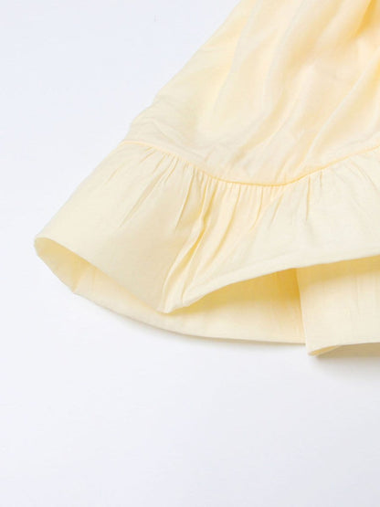 Pleated Ruffle Collar Deep V-Neck Cape Sleeve High Low Tiered Midi Dress