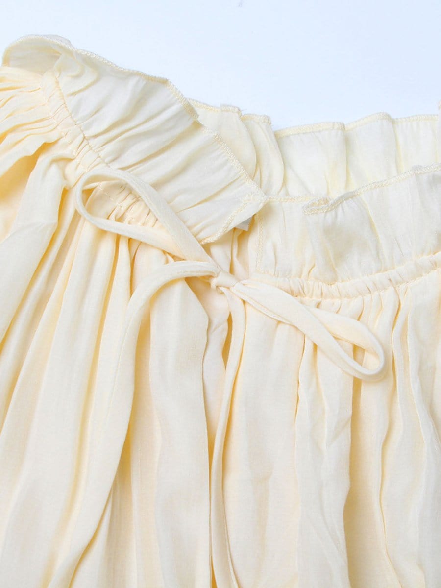 Pleated Ruffle Collar Deep V-Neck Cape Sleeve High Low Tiered Midi Dress