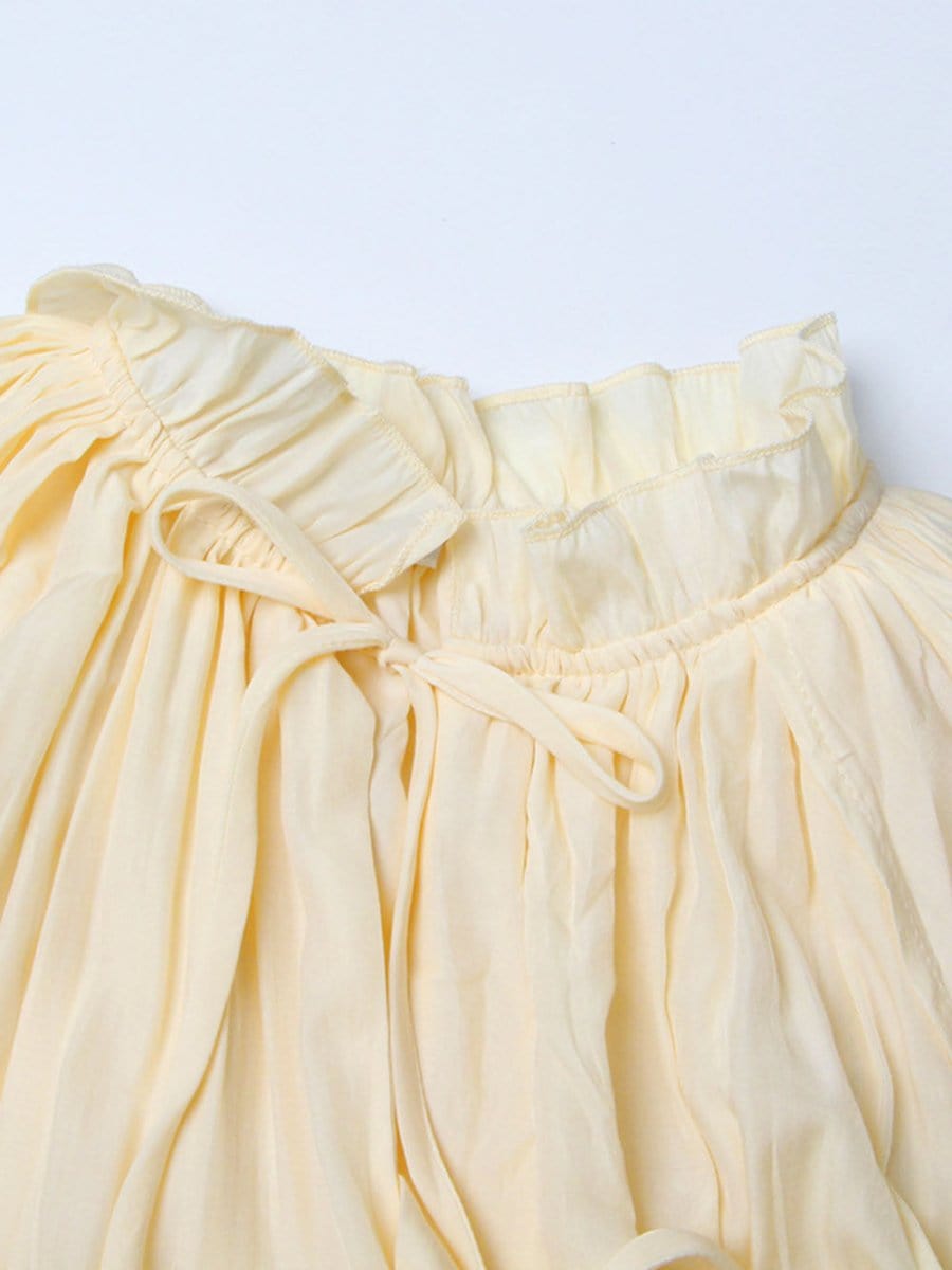 Pleated Ruffle Collar Deep V-Neck Cape Sleeve High Low Tiered Midi Dress