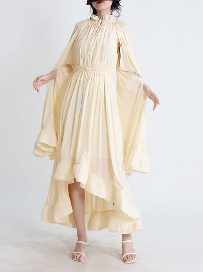 Pleated Ruffle Collar Deep V-Neck Cape Sleeve High Low Tiered Midi Dress