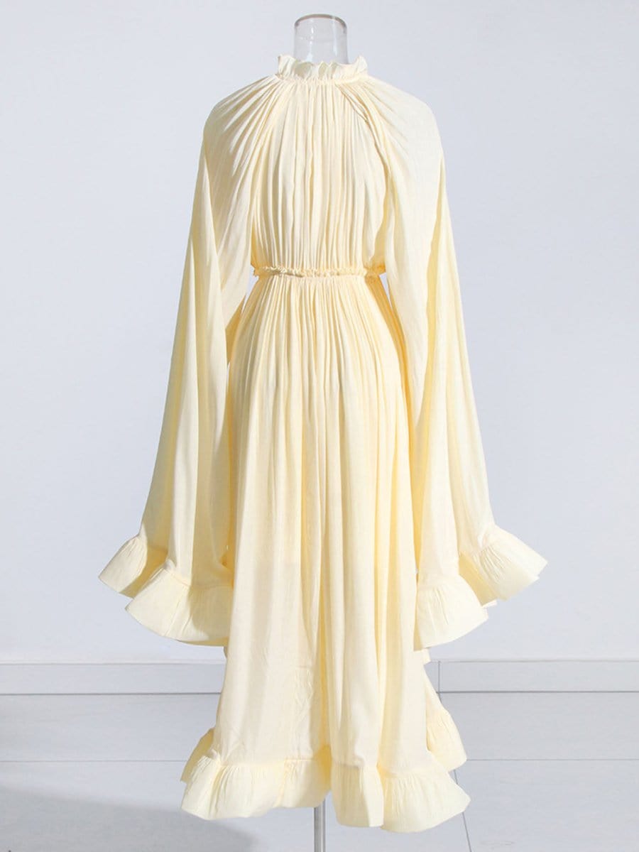 Pleated Ruffle Collar Deep V-Neck Cape Sleeve High Low Tiered Midi Dress