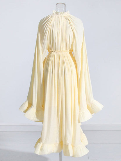 Pleated Ruffle Collar Deep V-Neck Cape Sleeve High Low Tiered Midi Dress