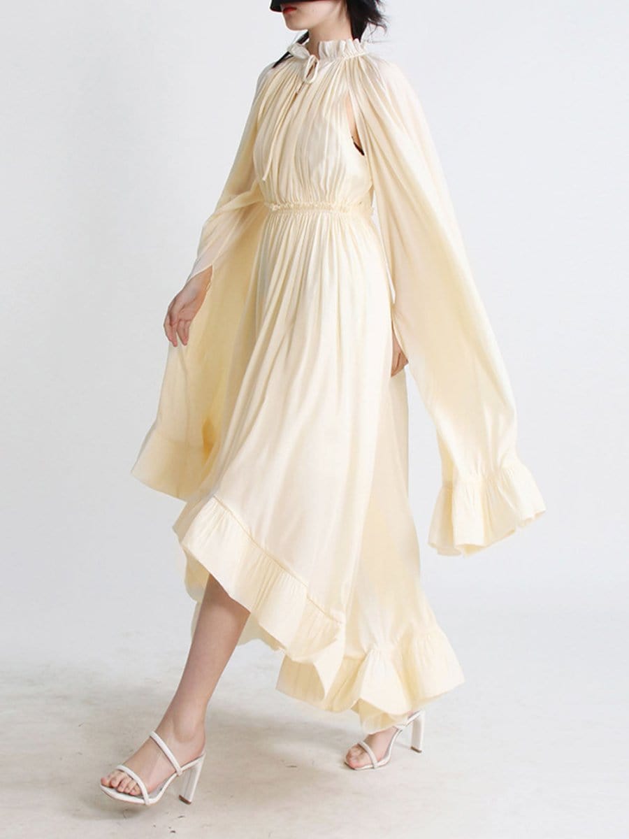Pleated Ruffle Collar Deep V-Neck Cape Sleeve High Low Tiered Midi Dress
