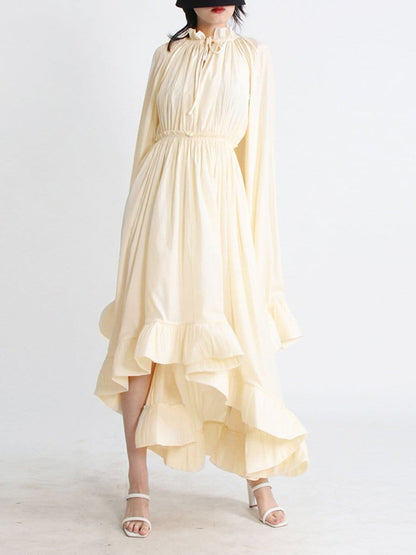 Pleated Ruffle Collar Deep V-Neck Cape Sleeve High Low Tiered Midi Dress