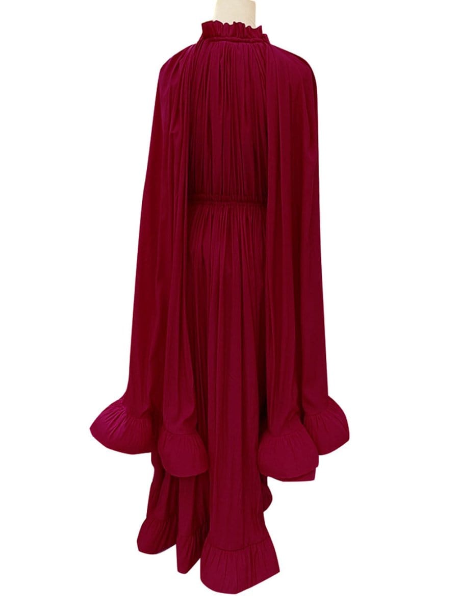 Pleated Ruffle Collar Deep V-Neck Cape Sleeve High Low Tiered Midi Dress