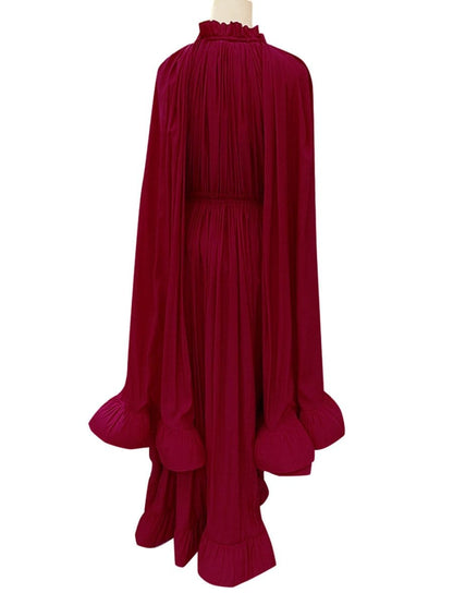 Pleated Ruffle Collar Deep V-Neck Cape Sleeve High Low Tiered Midi Dress