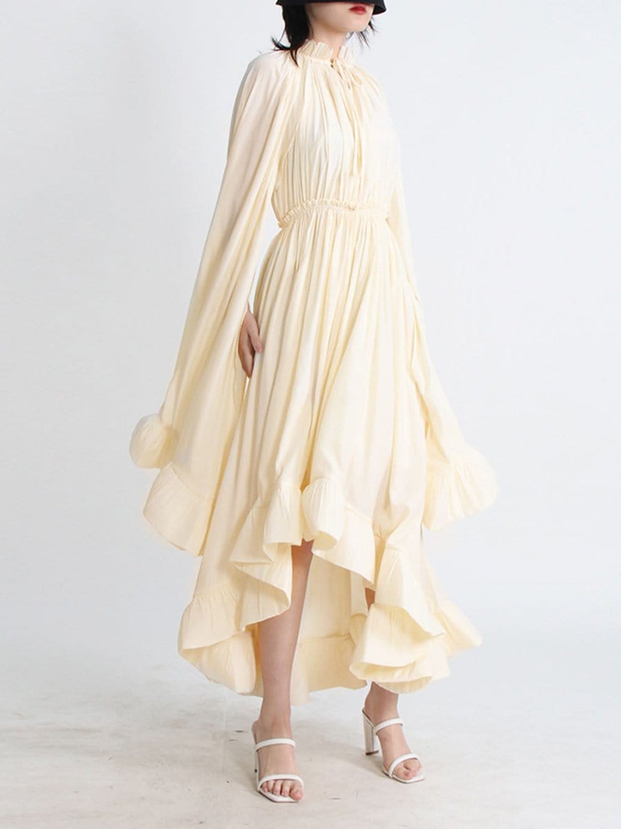 Pleated Ruffle Collar Deep V-Neck Cape Sleeve High Low Tiered Midi Dress