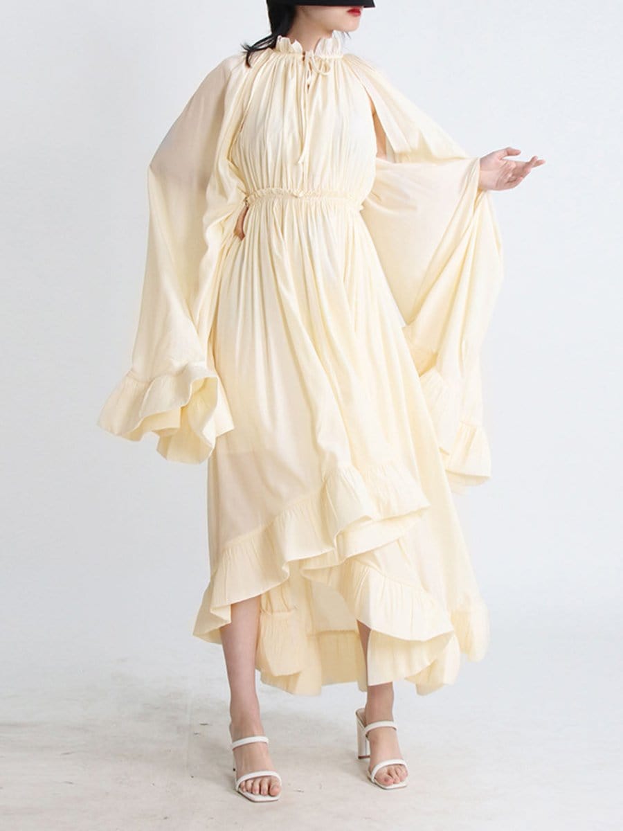 Pleated Ruffle Collar Deep V-Neck Cape Sleeve High Low Tiered Midi Dress