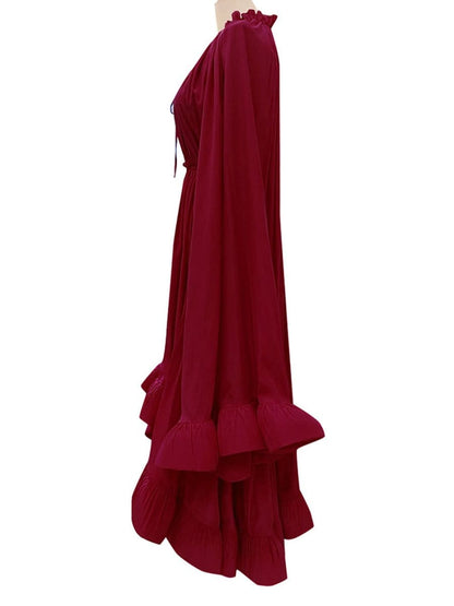 Pleated Ruffle Collar Deep V-Neck Cape Sleeve High Low Tiered Midi Dress