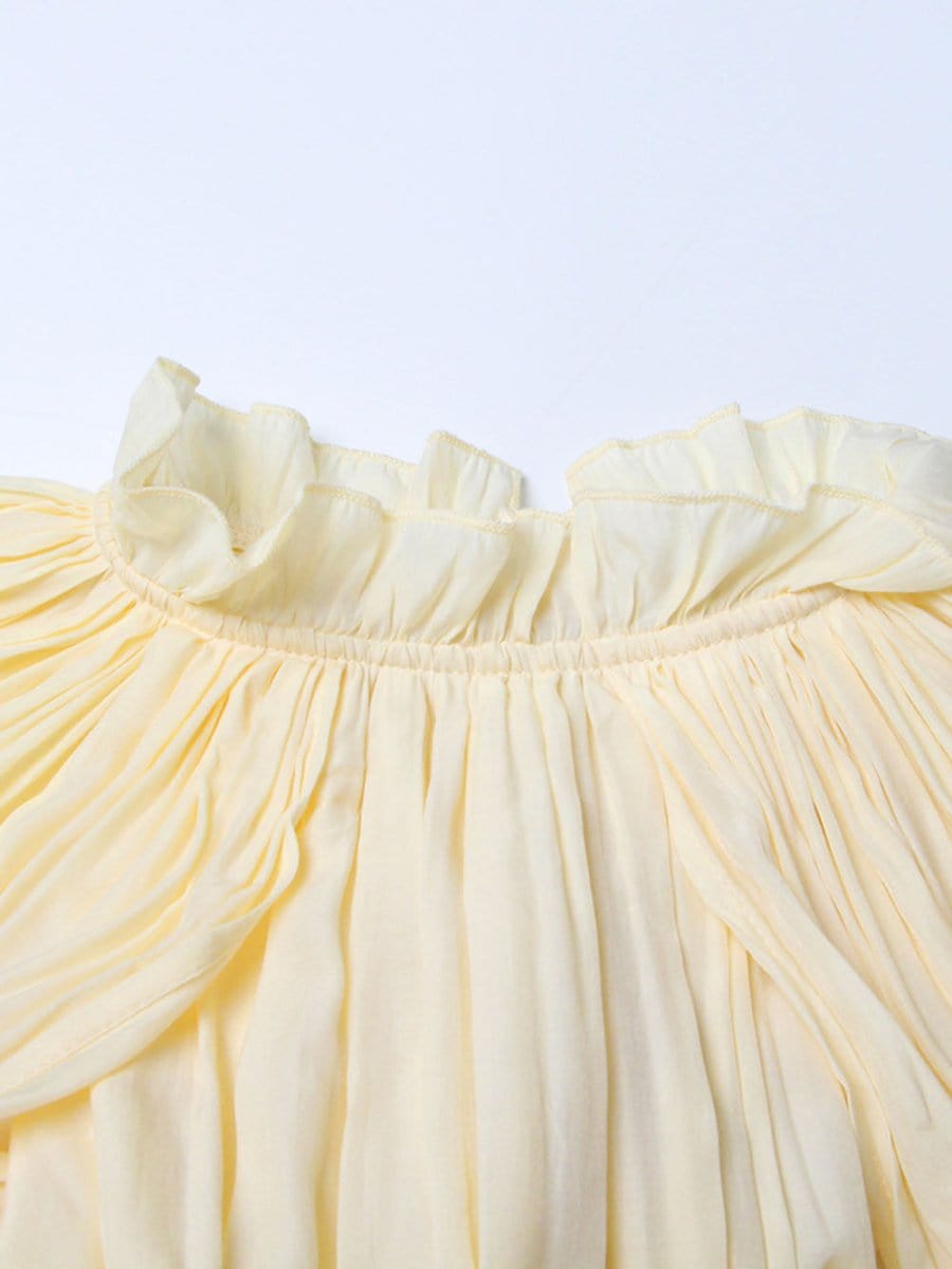 Pleated Ruffle Collar Deep V-Neck Cape Sleeve High Low Tiered Midi Dress