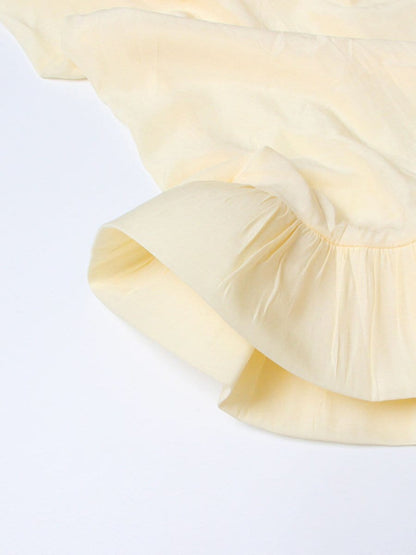 Pleated Ruffle Collar Deep V-Neck Cape Sleeve High Low Tiered Midi Dress