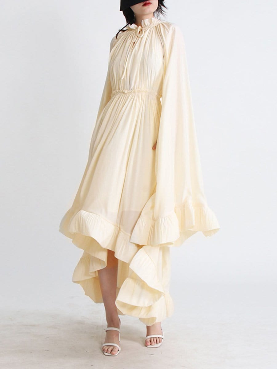 Pleated Ruffle Collar Deep V-Neck Cape Sleeve High Low Tiered Midi Dress