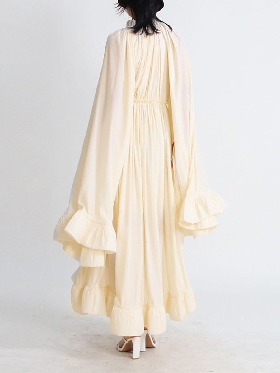 Pleated Ruffle Collar Deep V-Neck Cape Sleeve High Low Tiered Midi Dress