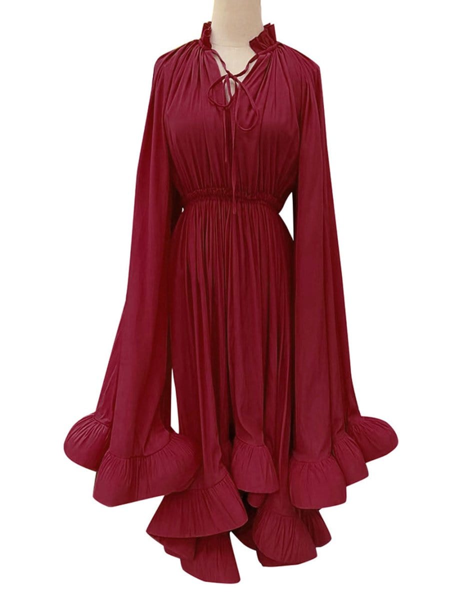 Pleated Ruffle Collar Deep V-Neck Cape Sleeve High Low Tiered Midi Dress