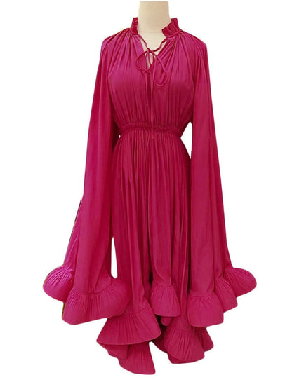 Pleated Ruffle Collar Deep V-Neck Cape Sleeve High Low Tiered Midi Dress