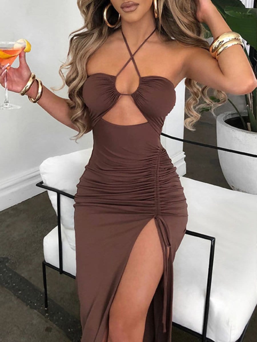 Halter Neck Cut Out Ruched Side Tie High Split Bodycon Maxi Dress